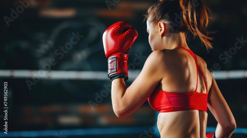Independent woman boxing. Young woman in the boxing ring. Young woman boxer. Girl in the ring with boxing gloves. Woman boxing. © poto8313