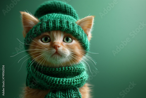 A ginger cat dressed in a green knitted hat and matching scarf  celebrating St. Patricks Day against a green background  copy space