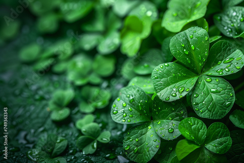 Fresh green leaves with water droplets glistening in the light, copy space, for St. Patrick's Day