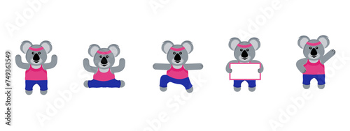 Cute Koala Morning Healthy Regular Exercise Set,Warrior Pose,Holding up a motivational sign,Stretching, defarent poses, Vector illustrations 
