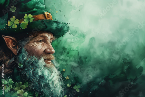 A painting of a man wearing a green hat and beard on a green background, copy space, for St. Patricks Day