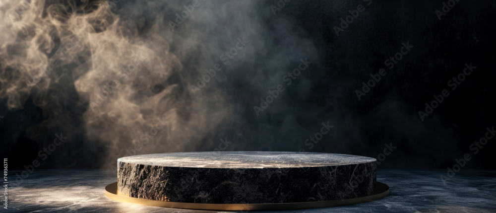 Stone platform, podium with gold shimmer texture, smoke, steam, lights, sparkles on dark background. Mock up with lights effect. Generative AI Stone platform, podium with gold shimmer texture, smoke, steam, lights, sparkles on dark background. Mock up with lights effect. Generative AI