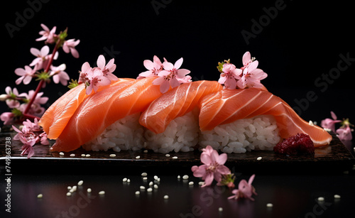 salmon sushi on brown rice with pink flowers, in the style of uhd image сreated with Generative Ai