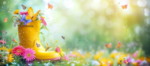 Yellow rubber boot with spring flowers inside and butterflies around on bright background, concept of the arrival and celebration of spring, banner with copyspace photo