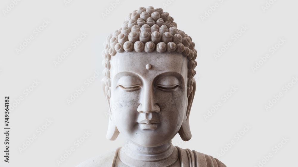 Close-up of a serene Buddha statue with intricate details on a white background, symbolizing peace and meditation. Ideal for spirituality themes.