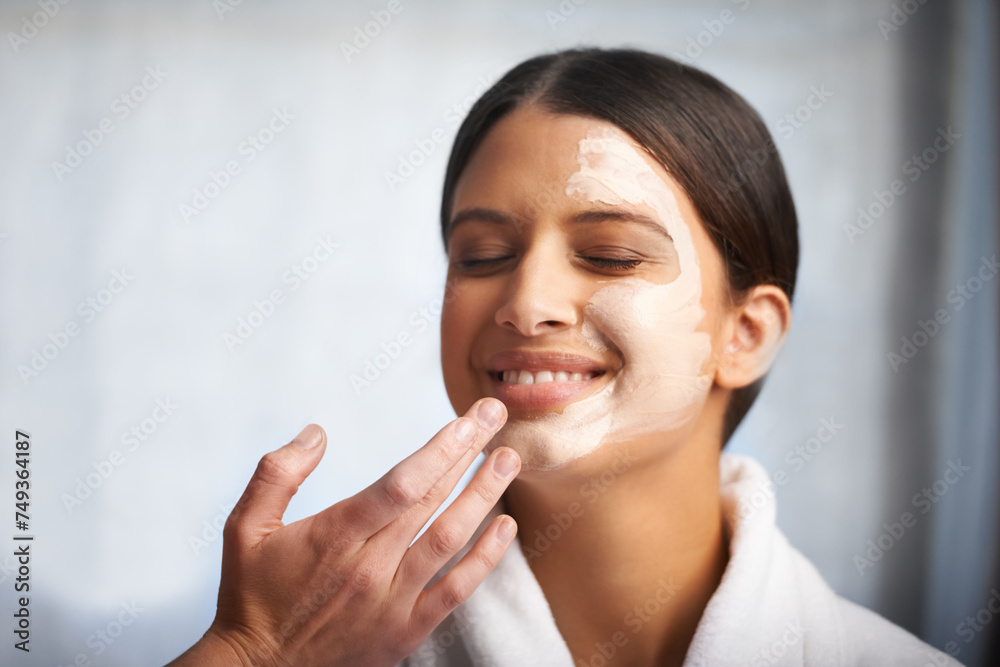 Skincare, hand and women at home with face mask or diy spa treatment at home together. Beauty, wellness and friends with facial product for skin cleaning or bonding on weekend sleepover in house Skincare, hand and women at home with face mask or diy spa treatment at home together. Beauty, wellness and friends with facial product for skin cleaning or bonding on weekend sleepover in house