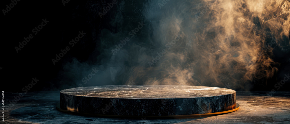 Stone platform, podium with gold shimmer texture, smoke, steam, lights, sparkles on dark background. Mock up with lights effect. Generative AI	