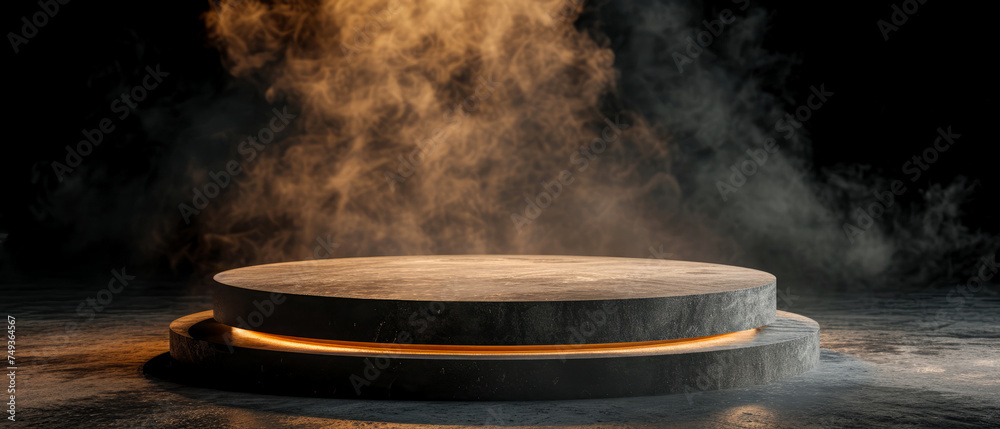 Stone platform, podium with gold shimmer texture, smoke, steam, lights, sparkles on dark background. Mock up with lights effect. Generative AI	