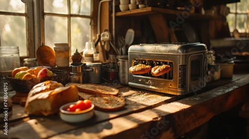 scene of a traditional toaster with a pair of crispy, perfectly toasted bagels emerging, surrounded by a rustic kitchen setting