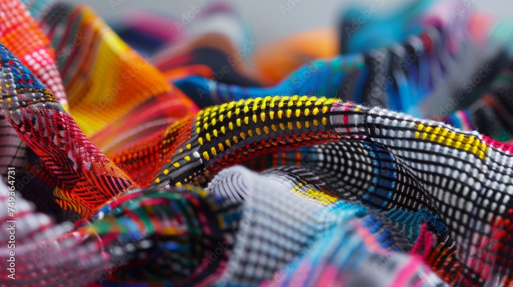 Close-up of a colorful and textured fabric, highlighting the detailed weave and bright patterns in a dynamic and abstract composition. Close-up of a colorful and textured fabric, highlighting the detailed weave and bright patterns in a dynamic and abstract composition.