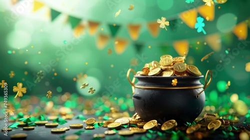 st. Patrick's day green background with black pot and gold conies. a background with shamrocks. photo