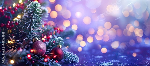 A close-up view of a Christmas tree adorned with sparkling lights  set against a purple background with a shiny blue pattern peeking through. The trees branches are meticulously decorated with