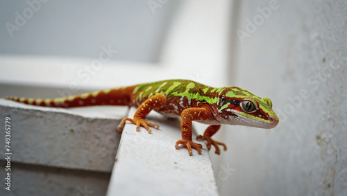 A vibrant and lively gecko climbs on a clean, white wall.