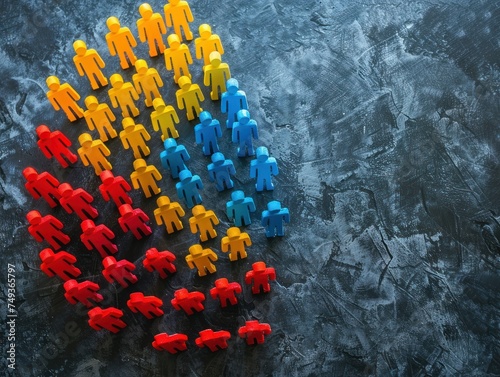 Colorful Plastic Figures on Textured Background, Multicolored plastic humanoid figures arranged on a dark textured surface, symbolizing diversity or teamwork.