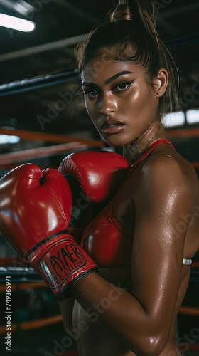 Girl in boxing gloves. Boxing class. Sports, hand-to-hand combat.