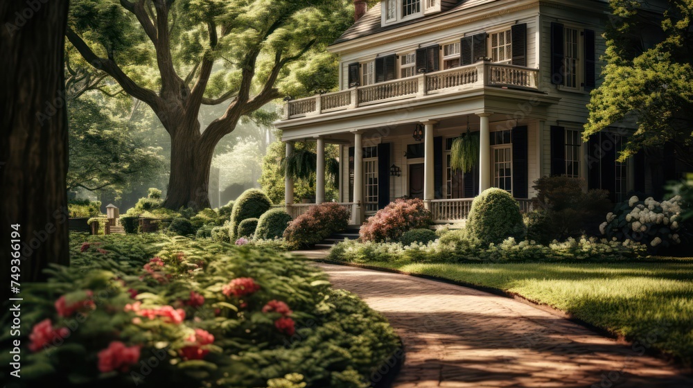 serene landscape featuring a classic Colonial-style house surrounded by lush greenery, showcasing timeless elegance