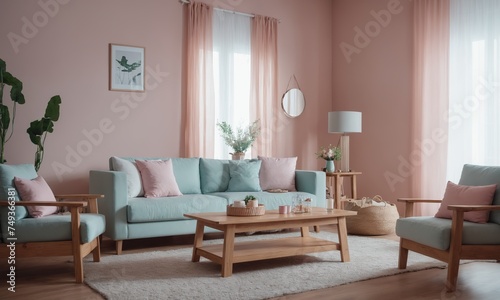 Interior of living room with sofa and coffee table. 3d rendering