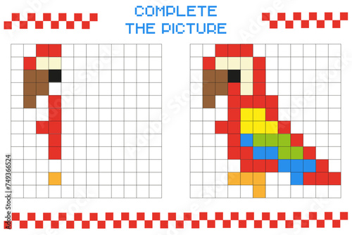 Complete the picture, complete the image of the grid. Coloring pages of cell areas. Children's educational games.Parrot. Educational cards for children. Pixel art. Mosaic for children