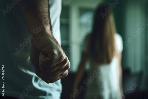 Man holding in front of a woman, view from the back, girl in the background, theme of domestic violence. Neural network generated image. Not based on any actual scene or pattern. © lucky pics