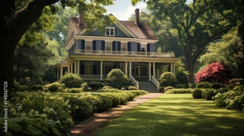 serene landscape featuring a classic Colonial-style house surrounded by lush greenery, showcasing timeless elegance