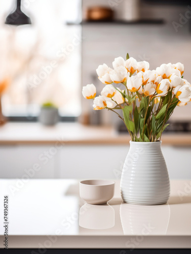 white empty table in the foreground, next to a vase of flowers, against the background of a blurred stylish modern kitchen сreated with Generative Ai