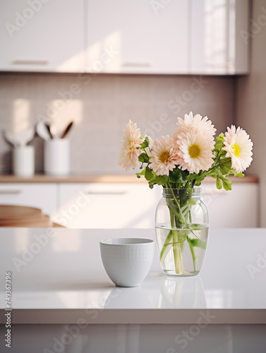 white empty table in the foreground, next to a vase of flowers, against the background of a blurred stylish modern kitchen сreated with Generative Ai