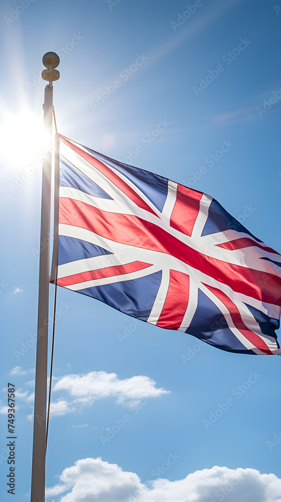 Iconic British Union Jack Flag Fluttering Against Clear Blue Sky - A Symbol of Patriotism and National Identity