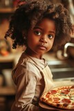 Little afro-american girl with a pizza. Generative AI