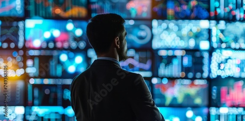 Businessman Analyzing Data on Digital Screens 