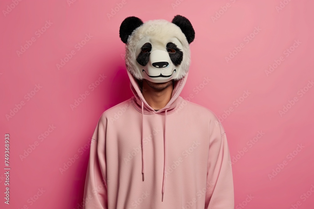 Expressive man wearing a panda mask on top of his head against a pink wall. Expressive man wearing a panda mask on top of his head against a pink wall.