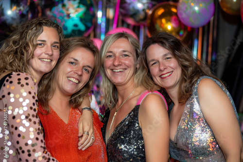 A group of mature women standing side by side, partying at a nightclub, looking to flirt.