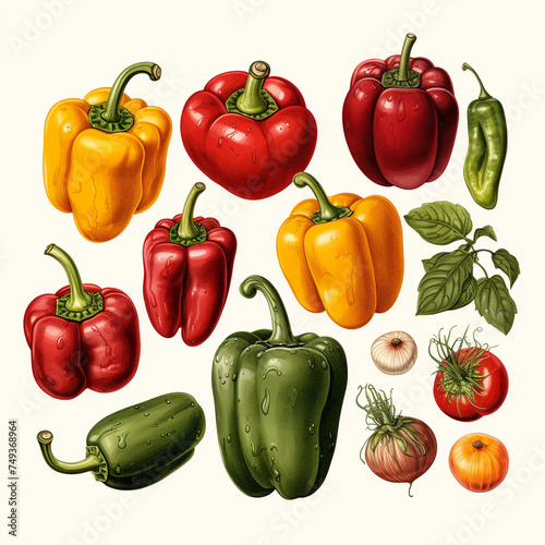 hand drawn cottagecore style, assorted bell peppers, white background сreated with Generative Ai