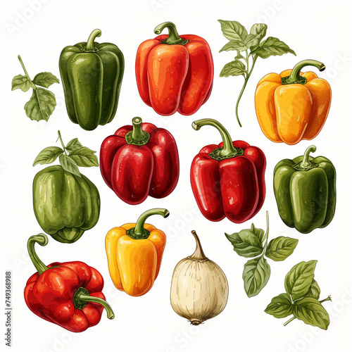 hand drawn cottagecore style, assorted bell peppers, white background сreated with Generative Ai