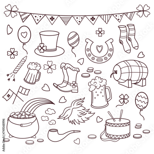 St. Patrick s Day traditional symbols. Irish  flags, beer mugs, clover, pub decoration,  leprechaun hat, pot of gold coins.