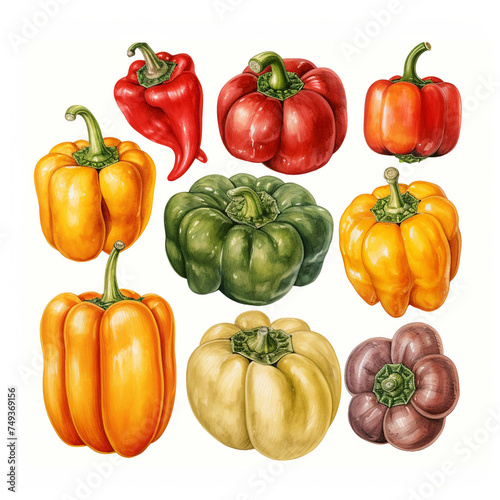 hand drawn cottagecore style, assorted bell peppers, white background сreated with Generative Ai