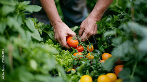 Fresh Harvest in Organic Vegetable Garden, Hand picking vibrant vegetables in sunlit garden