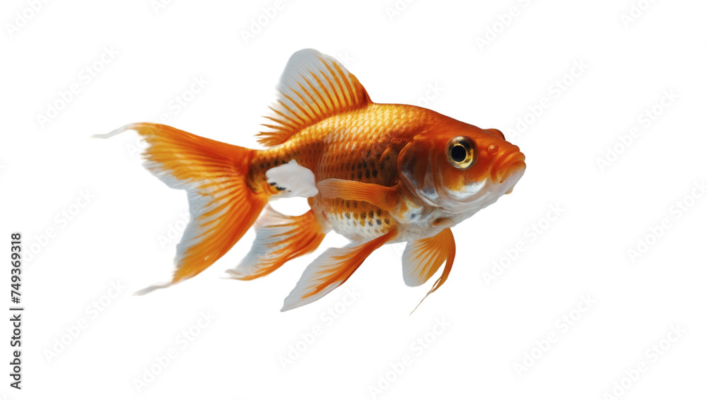 A lively and vivid goldfish swims elegantly in a clear tank against a transparent background