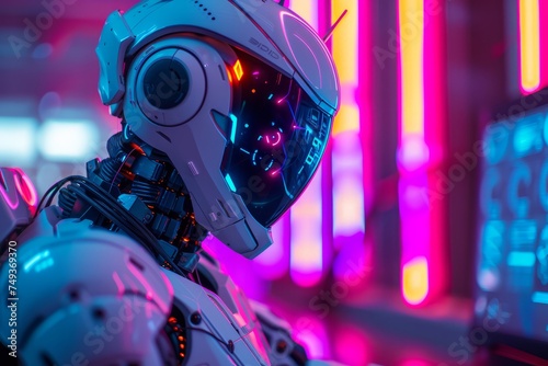 Futuristic white robot in a neon-light high-tech laboratory. 3d rendering