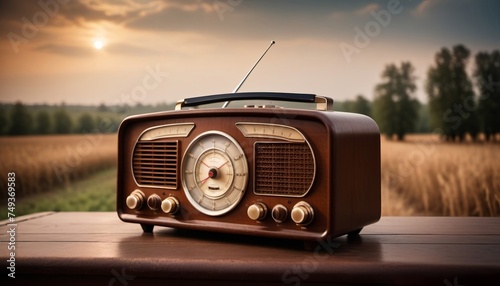 old wooden radio on the field photo