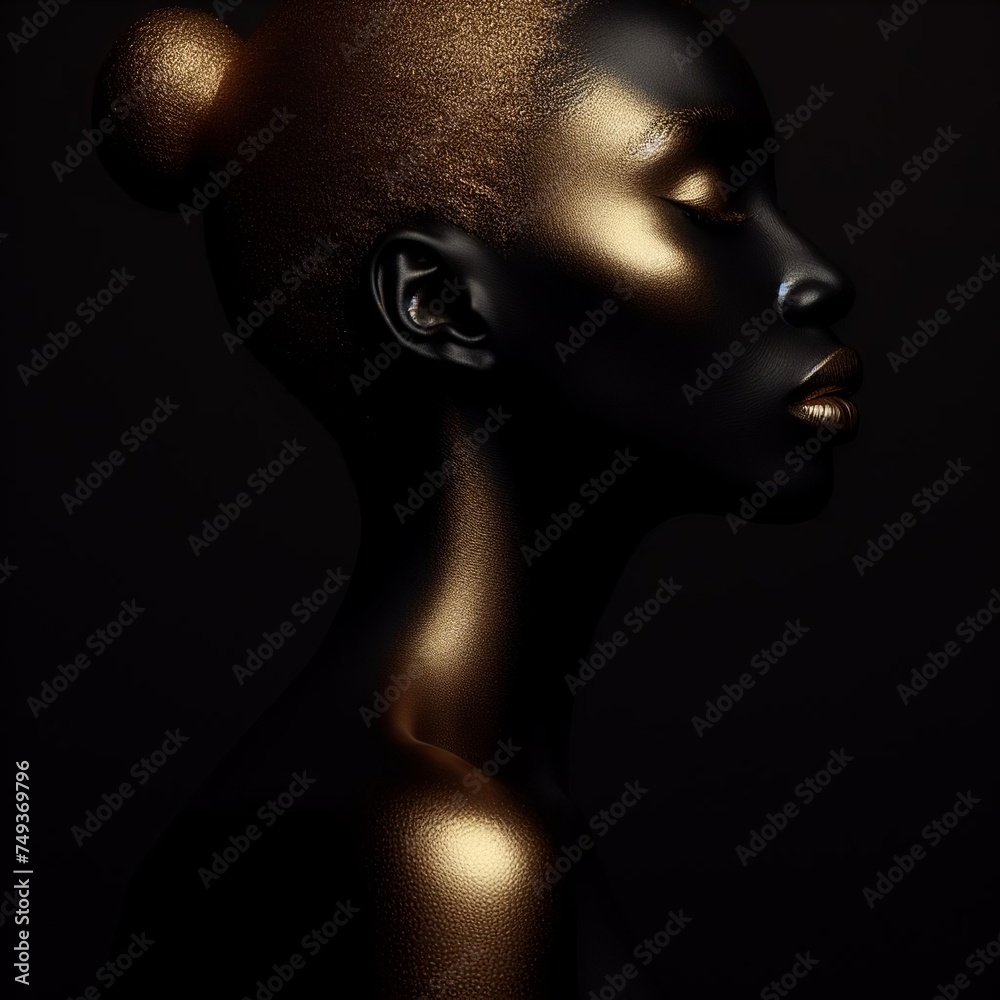 Beautiful black woman with golden skin on dark background. Beautiful black woman with golden skin on dark background.