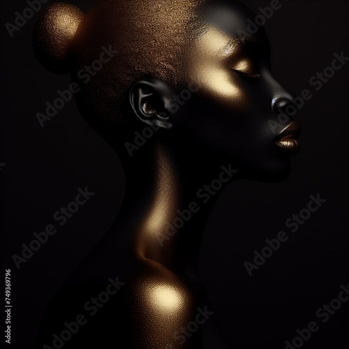 Beautiful black woman with golden skin on dark background. 