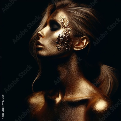 Portrait of a beautiful woman with golden bodyart on black background