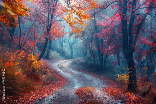  temperate deciduous forest, Autumn forest orange red are way or a road and pine carpet oak beech maple tree willow mysterious colorful leaves trees nature change seasons landscape Top view background