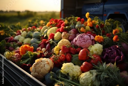 A vintage truck travels through a sunlit field, carrying an assortment of fresh vegetables.The image captures the transportation of produce against a stunning sunset