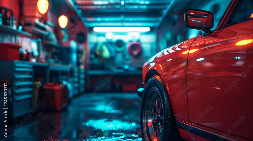 Garage with car waiting to be repaired. AI Generative. Garage with car waiting to be repaired. AI Generative.