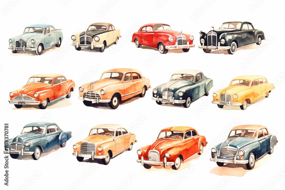 Set of vintage watercolor cars on a white background.