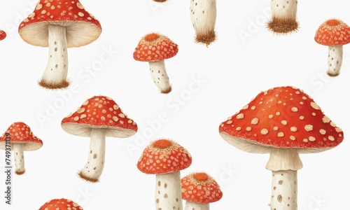 Seamless pattern with fly agaric mushrooms on white background