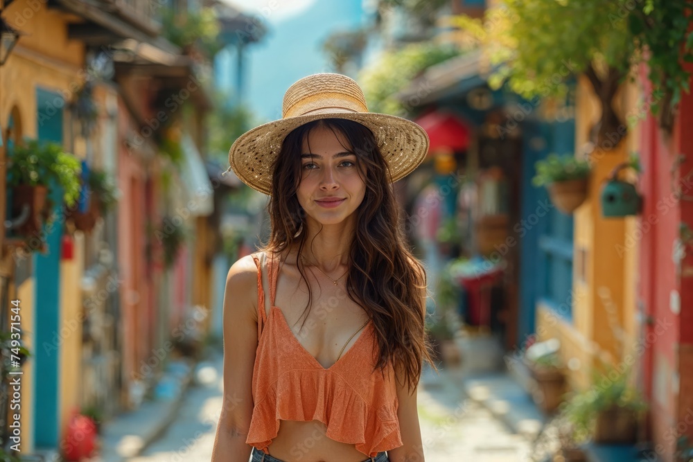 A pretty young woman standing in the middle of a narrow, colorful street. She is wearing a straw hat and an orange, off-the-shoulder top. Her hair is long and brown.