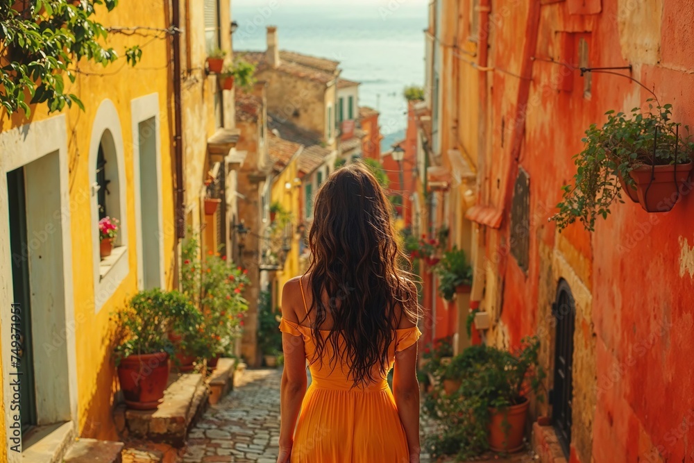 A woman in a flowing yellow dress walks down a narrow, picturesque street adorned with vibrant buildings and lush greenery—the charming path, lined with plants and old-world architecture.