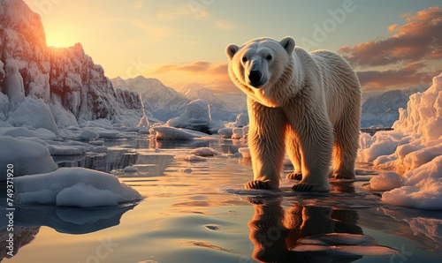 Polar Bear Stands on Ice in Water
